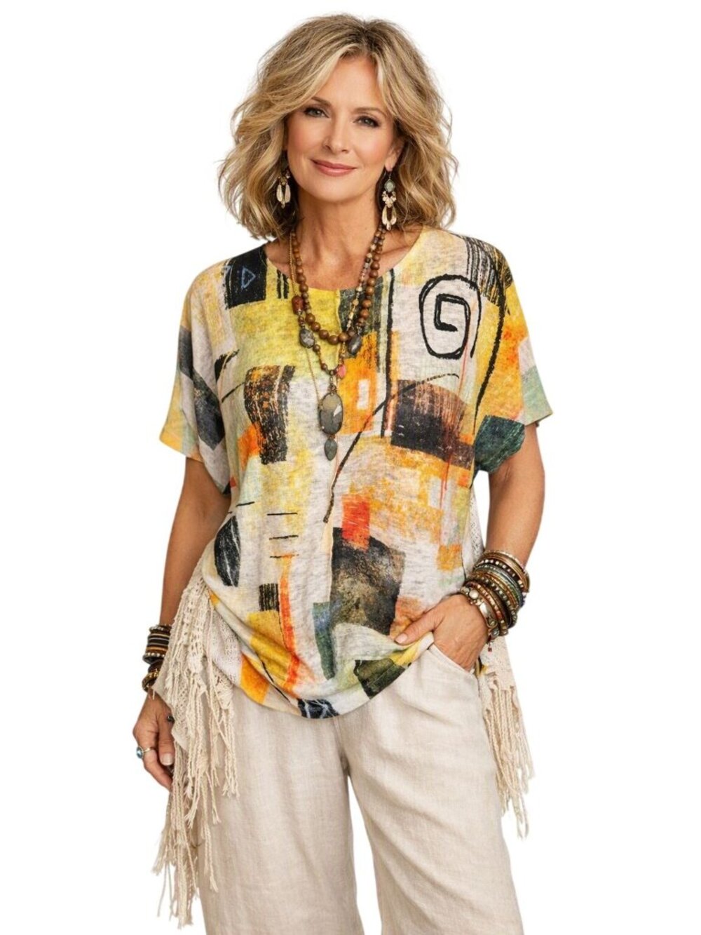 Jess Jane Abstract Artsy Lagenlook Short Sleeve Tunic Top S Casual Lightweight
